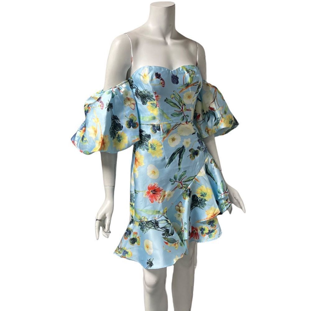 ‎INA Blue Floral Puffy Off Shoulder Sleeve Dress